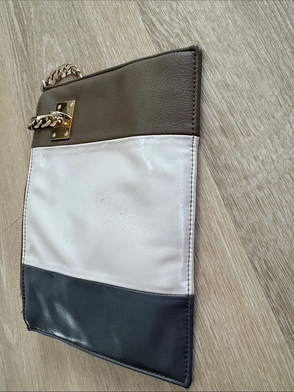 Sondra Roberts Tri-Panel Leather Wristlet Clutch in Gray, Cream & Brown